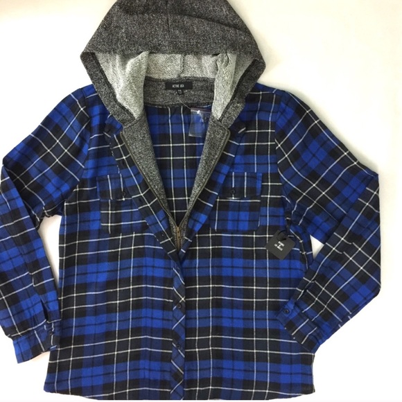 2more Blue Plaid Zip Up Hoodie Shirt 